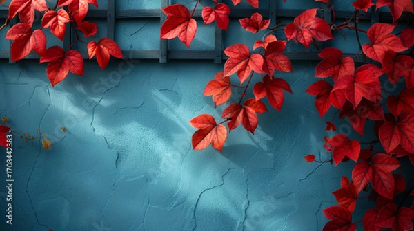Fototapeta Bright red vine leaves climbing a rustic wooden trellis, contrasted with a soft blue wall under natural side lighting, creating an artistic autumn feel