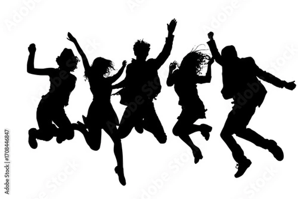 Fototapeta Dynamic group of diverse friends celebrating freedom and joy together, jumping with exhilarating energy for a vibrant, modern lifestyle concept.