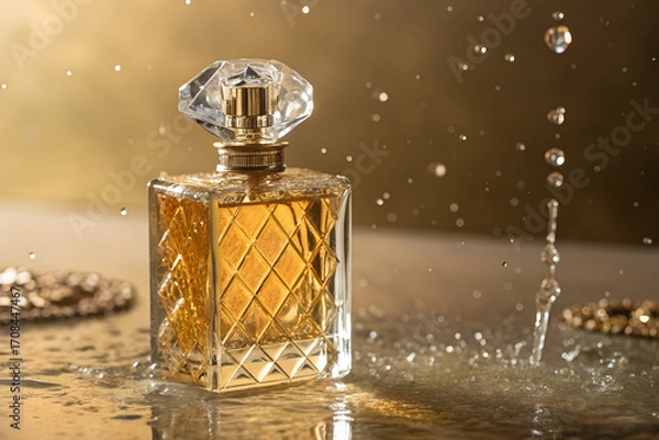 Fototapeta Luxury perfume bottle with golden liquid and crystal cap, standing on reflective surface with water splash effect. Elegant fragrance concept on warm golden background.