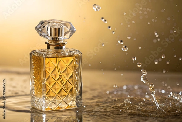 Fototapeta Luxury perfume bottle with golden liquid and crystal cap, standing on reflective surface with water splash effect. Elegant fragrance concept on warm golden background.