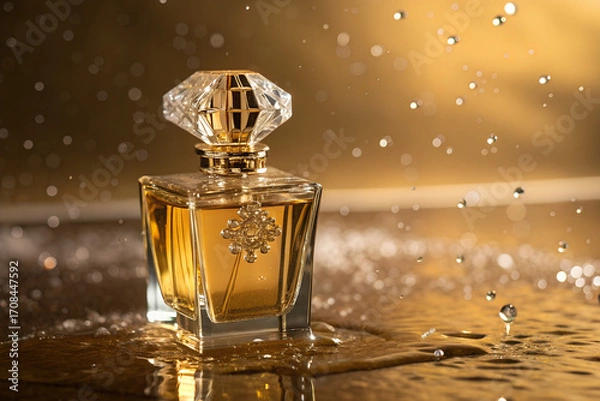 Fototapeta Luxury perfume bottle with golden liquid and crystal cap, standing on reflective surface with water splash effect. Elegant fragrance concept on warm golden background.