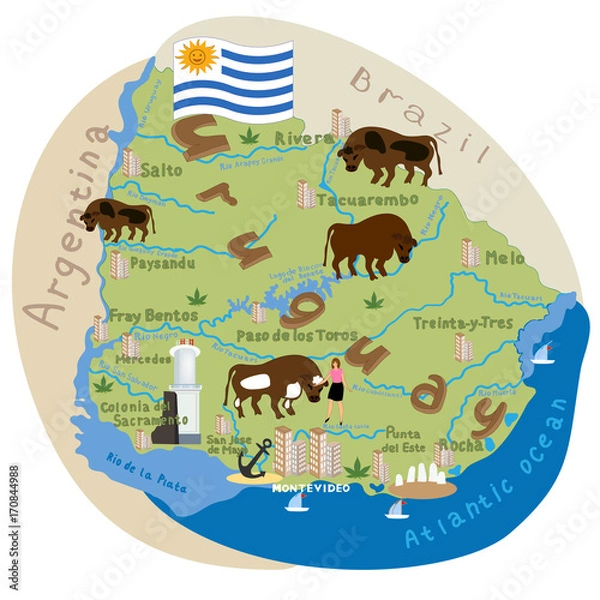 Obraz Uruguay. Vector cartoon illustration of the Uruguay map with the architecture doodle, attractions, landmark symbols. Vector illustration with all main symbols of the country.