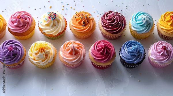 Fototapeta Colorful cupcakes arranged in a row on clean white surface, soft side lighting with visible icing textures and sprinkles, top-down dessert composition