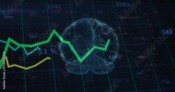 Fototapeta Floating clear 3D wireframe brain in digital grid, with colored trend lines and numeric labels
