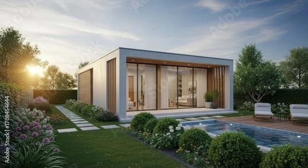 Fototapeta Modern Tiny House with Pool and Garden.