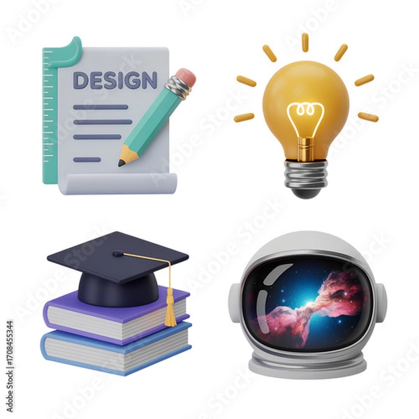Fototapeta Set of Isolated 3D Rendered Icons for Education and Innovation