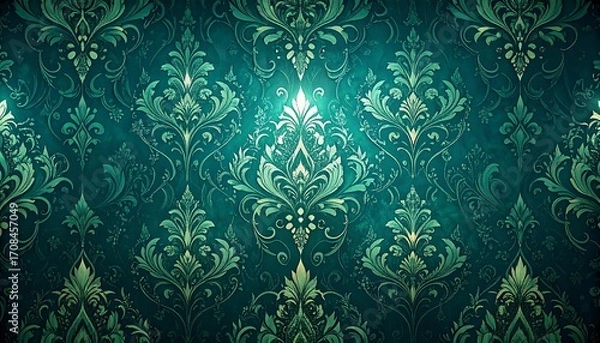 Fototapeta Ornate teal wallpaper with repeating floral patterns and a soft, glowing center