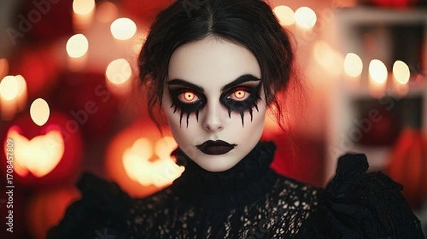 Fototapeta Spooky halloween makeup with glowing eyes enchanted forest portrait photography gothic vibes close-up view eerie concept