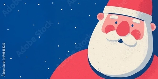 Fototapeta A stylized portrait of Santa Claus with a red hat, big white beard, and rosy cheeks, set against a blue background with falling snow.