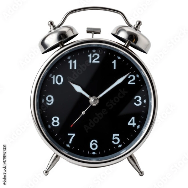 Fototapeta Time Management Strategies with a Silver Alarm Clock Home Office Photography Minimalist Close-Up Productivity Isolated on transparent background	
