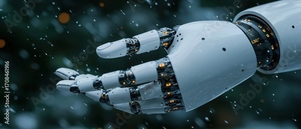 Obraz Robotic hand extended in snowfall symbolizes technology, innovation, and future, representing artificial intelligence, robotics, and human-machine connection.