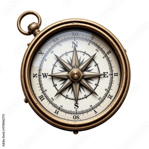 Fototapeta Exploring Vintage Brass Compass Antique Collection Home Decor Indoor Setting Top View Nautical Adventure Isolated on transparent background	