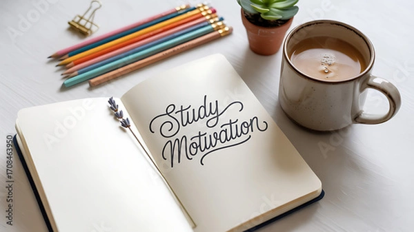 Obraz Study motivation flat lay with notebook coffee and colorful pencils on desk