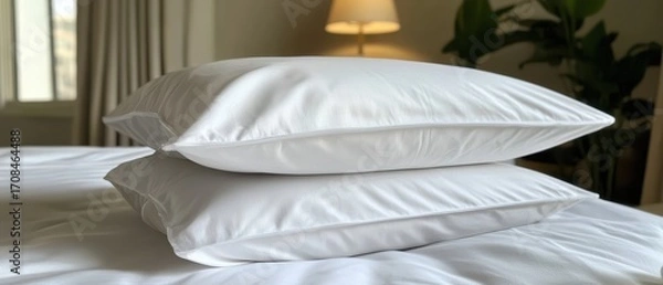 Obraz White pillows stacked on bed symbolize comfort, softness, and relaxation, creating a cozy interior and perfect sleep environment