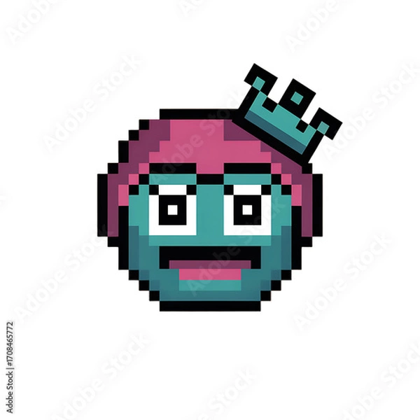 Obraz Pixel art character with crown and pink hair, fun retro gaming icon, digital avatar