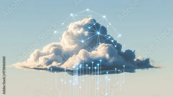 Fototapeta Conceptual digital cloud computing illustration featuring network connections and data transfer with illuminated elements