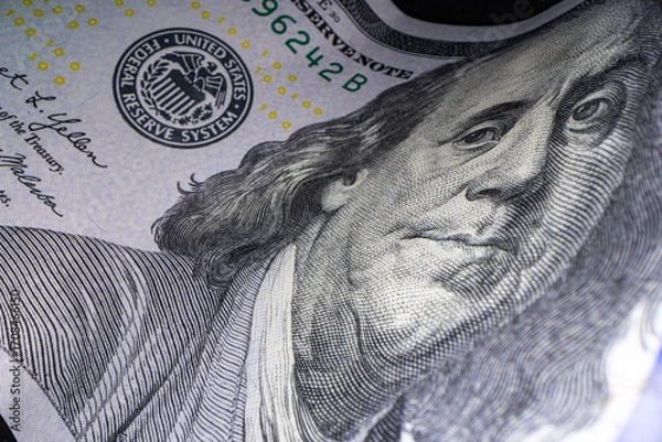 Fototapeta Close-up of Benjamin Franklin on 100 Dollar Bill