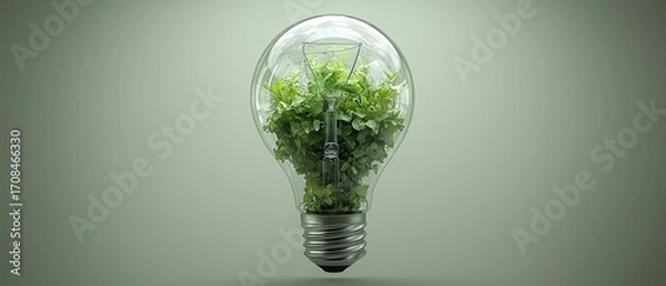 Obraz Creative light bulb filled with fresh green leaves symbolizing eco energy, sustainability, clean power, renewable resources, and innovative environmental technology for a greener future.