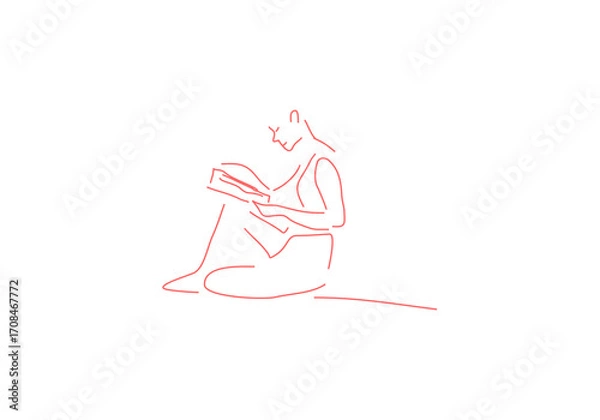 Fototapeta line drawing of a man reads a book. Hand drawn style illustration