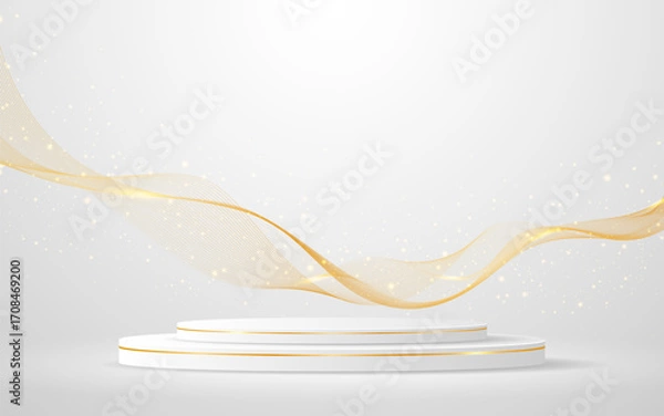 Fototapeta Multi-layered white podium with elegant gold wave lines on the back for product presentation. Display of cosmetic products. Stage or podium. vector illustration	
