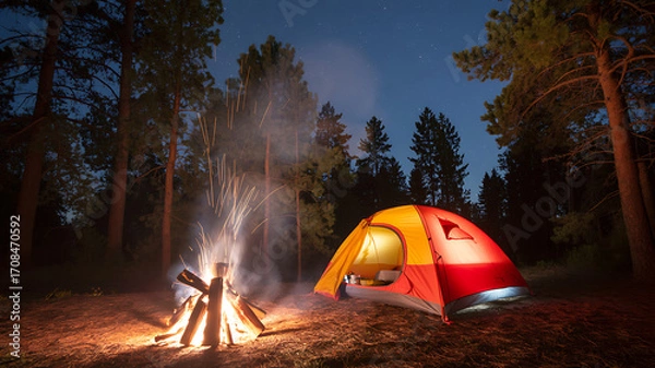 Obraz Camping tent with campfire in forest under night sky