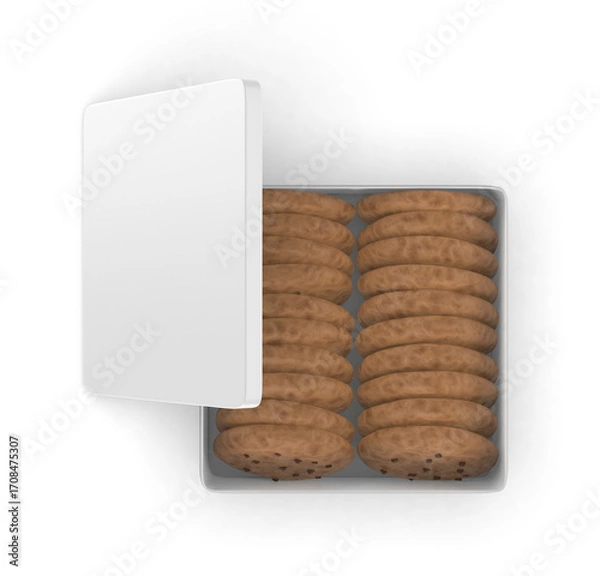 Fototapeta Blank cookie packaging mockups featuring chocolate chip cookies in modern containers. Mockup template. 3D render illustration.