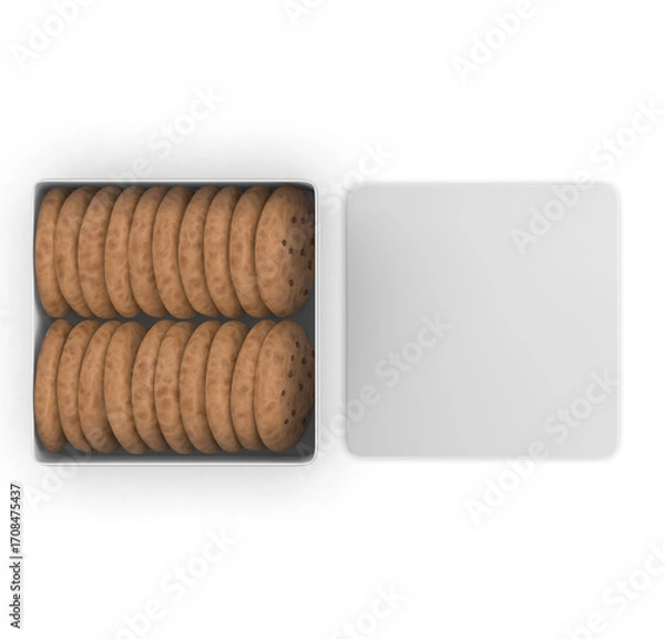 Fototapeta Blank cookie packaging mockups featuring chocolate chip cookies in modern containers. Mockup template. 3D render illustration.