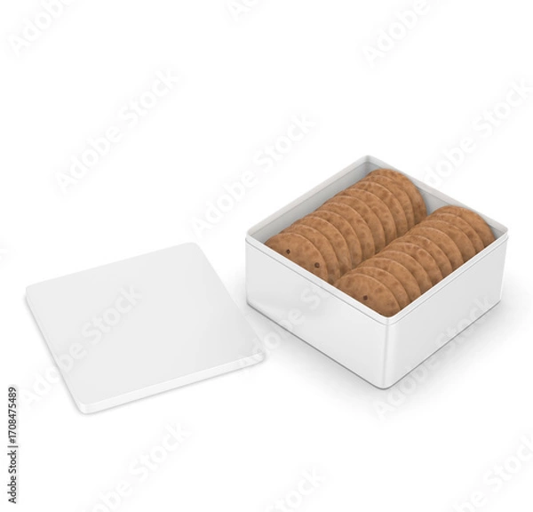 Fototapeta Blank cookie packaging mockups featuring chocolate chip cookies in modern containers. Mockup template. 3D render illustration.