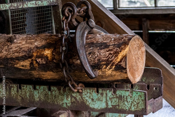 Fototapeta sawing tree trunk with vintage iron rusty tools at old traditional sawmill, selective focus