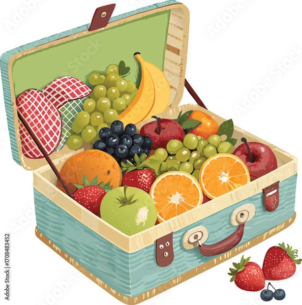 Fototapeta Flat bright picnic basket filled with fruits