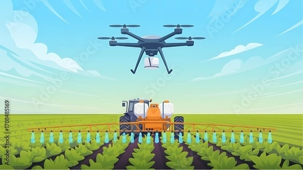 Fototapeta Modern agriculture and drone technology in action overseeing a tractor sprayer in a lush green crop field
