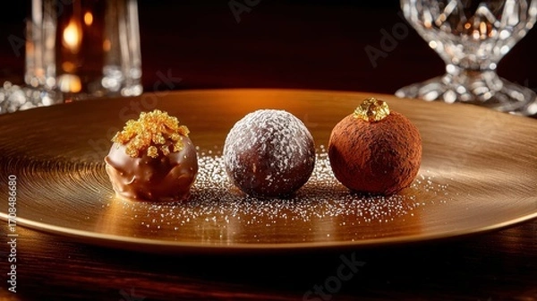 Fototapeta Artisanal chocolate truffles trio with gold leaf garnish and cocoa dusting on elegant golden plate in upscale restaurant dining setting atmosphere