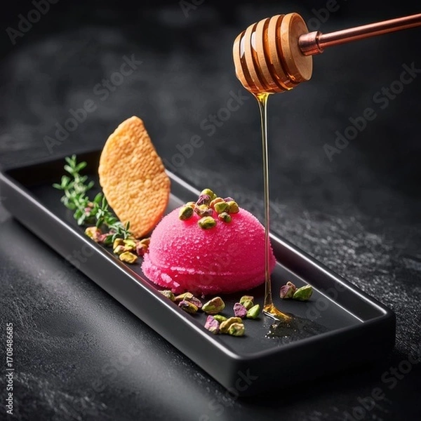 Fototapeta Elegant hibiscus sorbet dessert with honey drizzle on black ceramic plate, garnished with crushed pistachios and waffle cookie for fine dining presentation