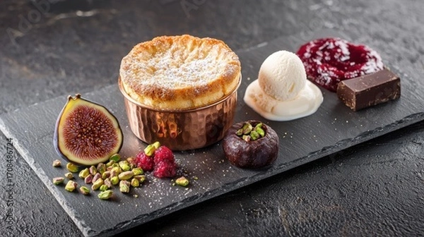 Fototapeta Chocolate souffle dessert plating with copper ramekin on slate board featuring fresh fig, vanilla ice cream, pistachios, raspberries and chocolate garnish