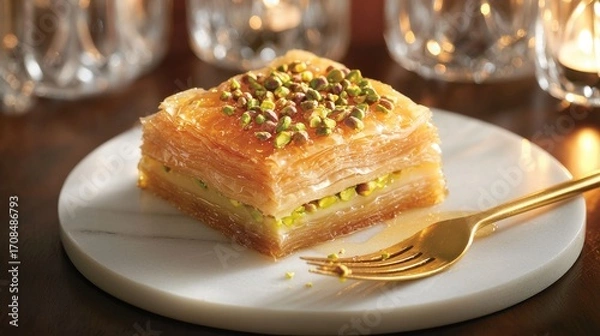 Fototapeta Traditional pistachio baklava slice with golden honey syrup and crushed green pistachios on white ceramic plate with gold fork in elegant restaurant setting