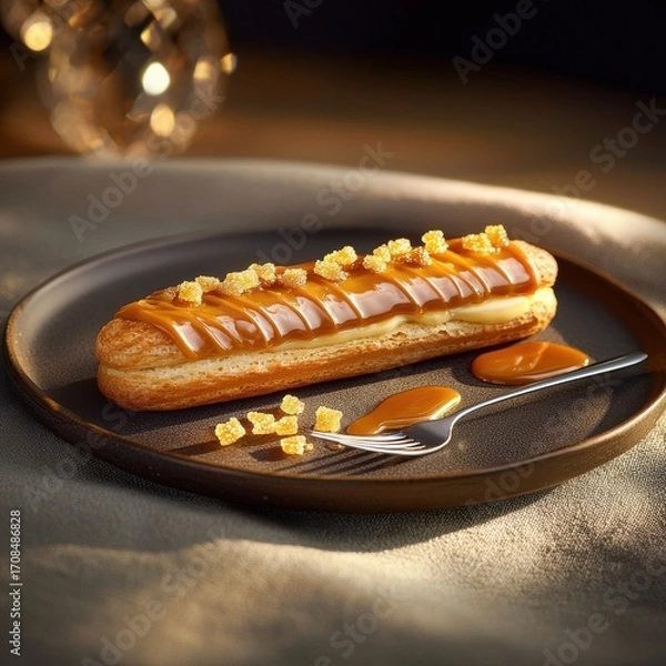 Fototapeta Gourmet french eclair with glossy caramel glaze and golden honeycomb sugar pieces on elegant dark ceramic plate with dessert fork in luxury restaurant setting