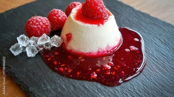 Fototapeta Creamy vanilla panna cotta dessert with raspberry coulis sauce and fresh berries garnished with crystal sugar on elegant dark slate serving plate