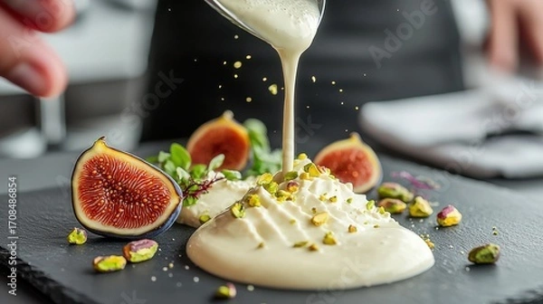 Fototapeta Professional chef pouring golden zabaglione cream onto elegant dessert with fresh fig halves and crushed pistachios on dark slate plate in luxury restaurant