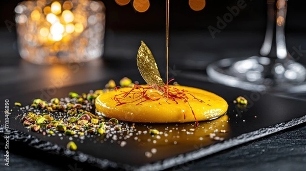 Fototapeta Premium saffron glazed dessert with gold leaf garnish and crushed pistachios on slate plate, luxury fine dining presentation with warm bokeh lighting