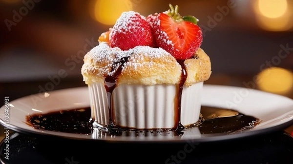 Fototapeta Golden strawberry soufflé with dark chocolate sauce dripping down white ramekin, fresh berries and powdered sugar, elegant restaurant dessert presentation