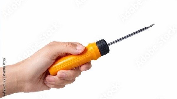 Obraz Hand holding orange screwdriver isolated on white