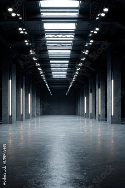 Fototapeta Minimalist modern interior with concrete columns, polished floor and industrial lighting. Spacious and stark.