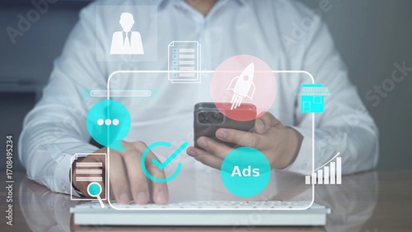 Fototapeta Businessman using smartphone with digital marketing ads interface, online advertising, social media communication, and business technology innovation.
