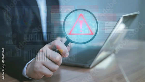 Fototapeta Businessman using tablet with warning alert icon, cyber security, risk management, and data protection in digital business.