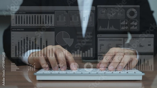 Fototapeta Businessman typing on keyboard with digital data and analytics dashboard overlay, technology and innovation in modern business.