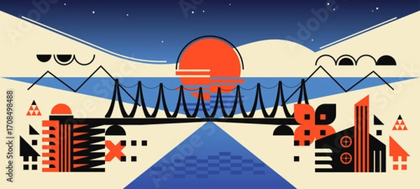 Obraz Cityscape with view of bay in avant-garde style. City architecture, bridge over strait, sunset in sea, starry sky, panorama. Abstract geometry, simple shapes of figures, vector illustration.