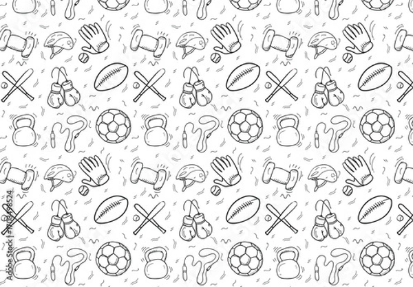 Fototapeta  Seamless pattern of various sports equipment isolated on white background