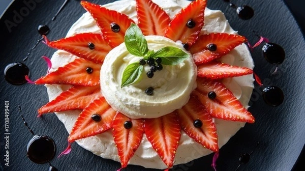 Fototapeta Elegant strawberry pavlova dessert with fresh berry slices whipped cream and balsamic pearls on dark slate presentation for gourmet dining experience