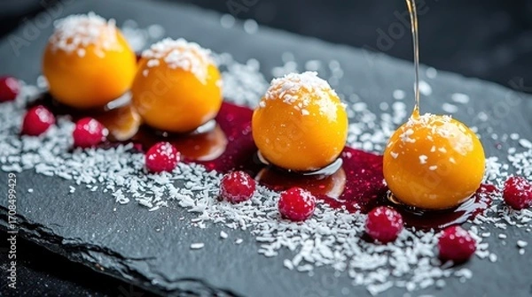 Fototapeta Elegant mango spherification dessert with golden spheres, honey drizzle, coconut flakes and fresh cranberries on dark slate fine dining presentation