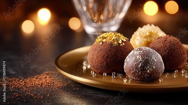 Fototapeta Artisanal chocolate truffles with gold leaf and cocoa powder on elegant golden plate with crystal stemware and warm candlelight background bokeh